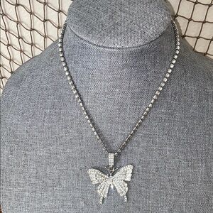 Silver Toned & Rhinestoned Butterfly Pendant Necklace